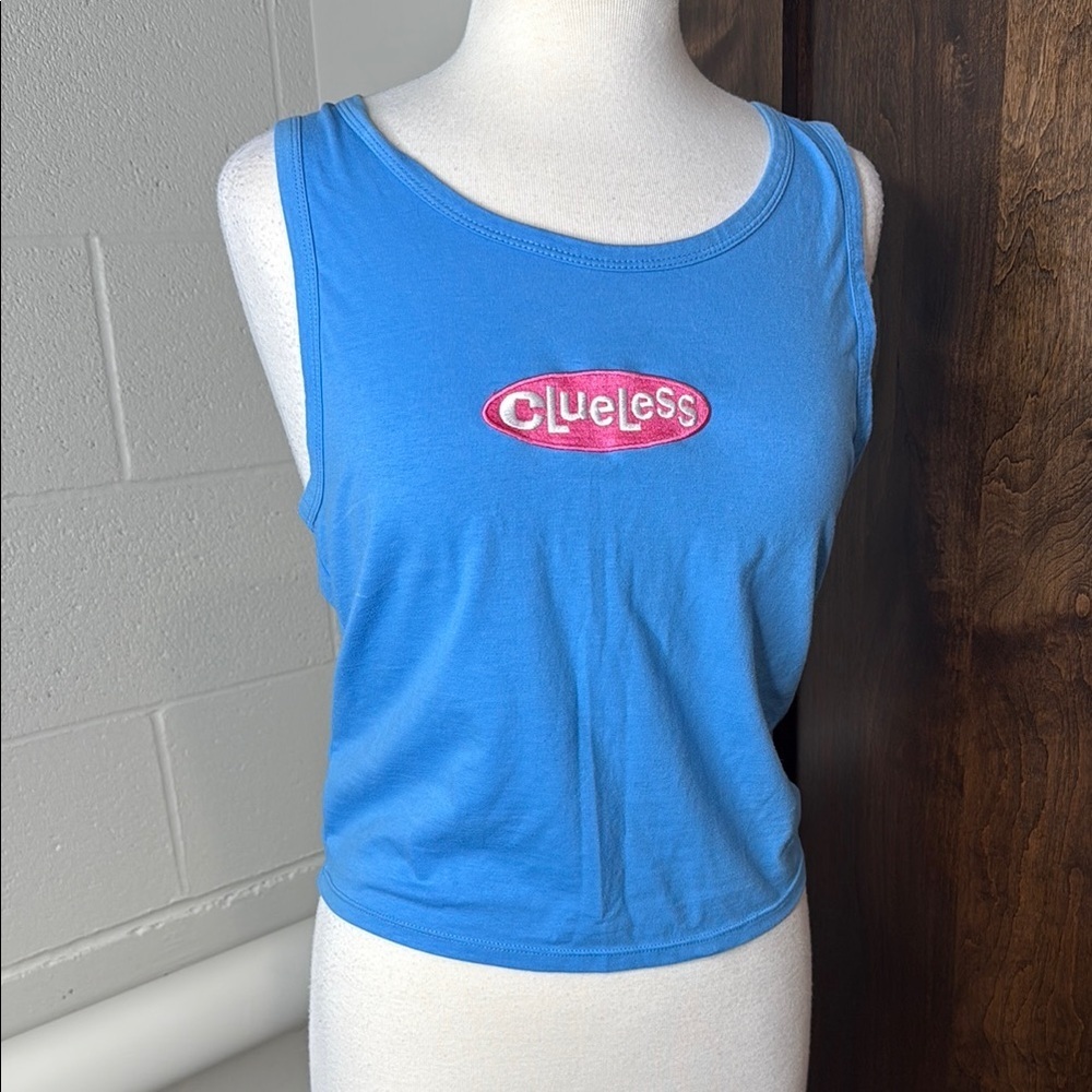 Clueless Sky Blue Crop Tank Top baby T with Pink Emblem Size XL